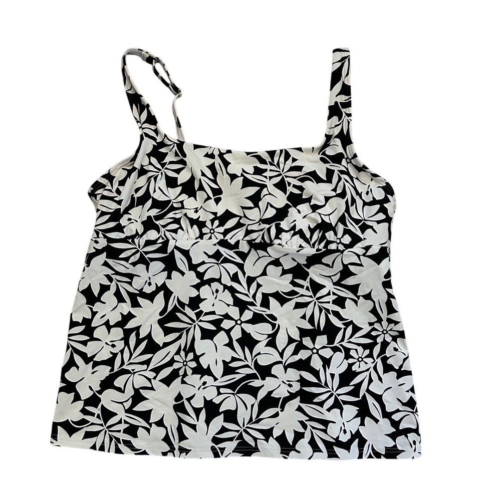 Lands End Tankini Swim Top Womens 16P Black White Floral Square Neck bathingsuit - Picture 2 of 7